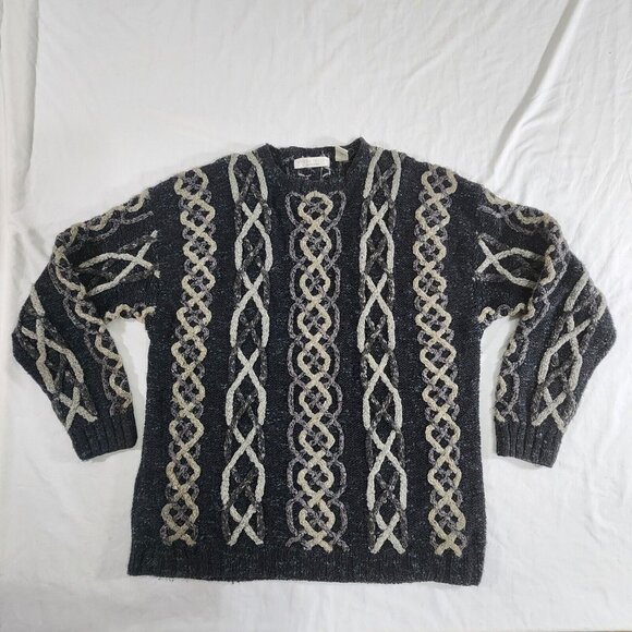 Perry Ellis Sweater Men's XL Gray Vintage Hand Knit 3D Chunky Cable‎ Knitted